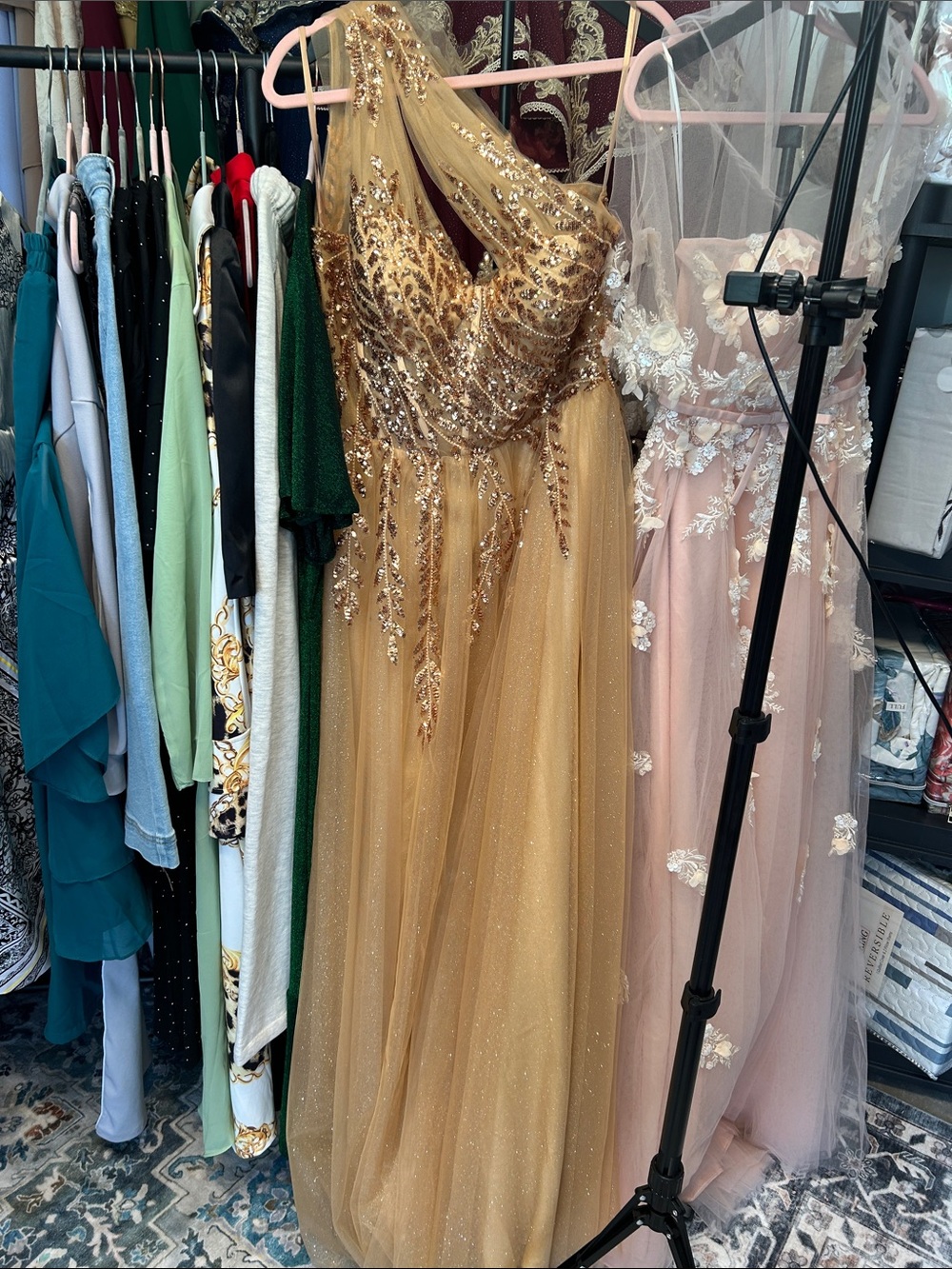 Gold Embellished One-Shoulder Evening Dress
